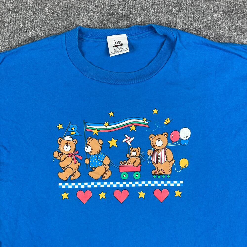 Gopher Sport T-Shirt Mens XL Blue Bear Parade‎ Hearts Balloons Graphic Vintage